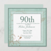 ヴィンテージティール(緑がかった色)エレガントフローラ90th誕生日パーティー 招待状 (正面/裏面)