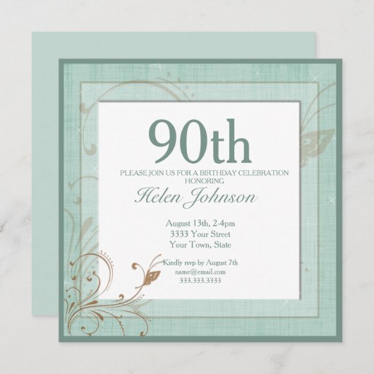 ヴィンテージティール（緑がかった色）エレガントフローラ90th誕生日パーティー 招待状 (正面/裏面)