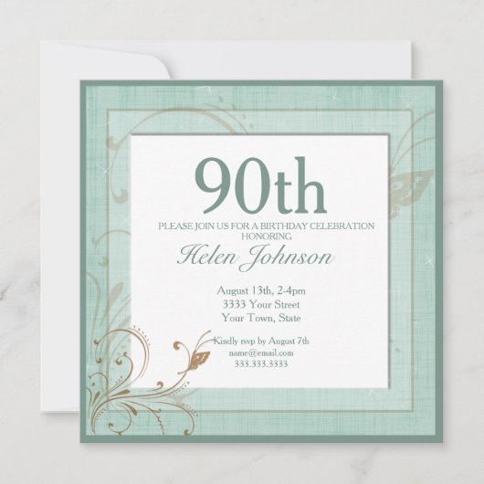 ヴィンテージティール(緑がかった色)エレガントフローラ90th誕生日パーティー 招待状 (正面)