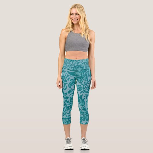 ヴィンテージティール（緑がかった色）グリーンフローラ植物模様 カプリレギンス (正面)