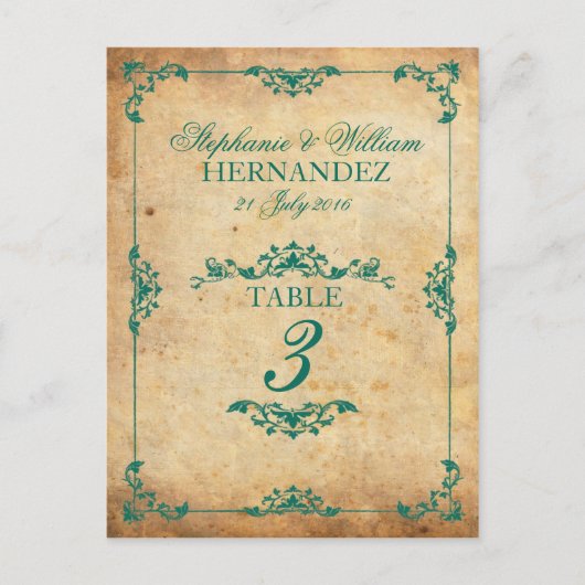 ヴィンテージティール（緑がかった色）スワールウェディング受付テーブル番号 ポストカード (正面)