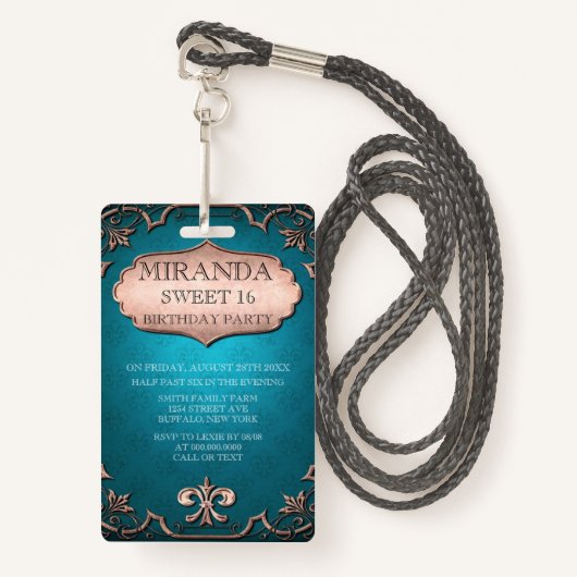 ヴィンテージティール（緑がかった色）タンスクロール甘い16誕生日パーティー バッジ (正面ランヤード)