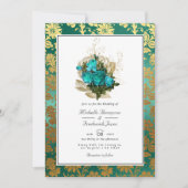 ヴィンテージティール（緑がかった色）-ターコイズと金ゴールドのフローラ結婚の 招待状 (正面)