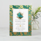 ヴィンテージティール（緑がかった色）-ターコイズと金ゴールドのフローラ結婚の 招待状 (スタンド正面)