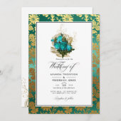 ヴィンテージティール（緑がかった色）-ターコイズと金ゴールドのフローラ結婚の 招待状 (正面/裏面)