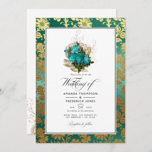 ヴィンテージティール（緑がかった色）-ターコイズと金ゴールドのフローラ結婚の 招待状 (正面/裏面)