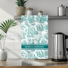 ヴィンテージティール（緑がかった色）ターコイズトイルドゥジュイ印刷 キッチンタオル