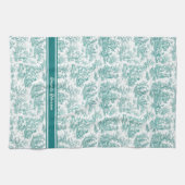 ヴィンテージティール(緑がかった色)ターコイズトイルドゥジュイ印刷 キッチンタオル (横)