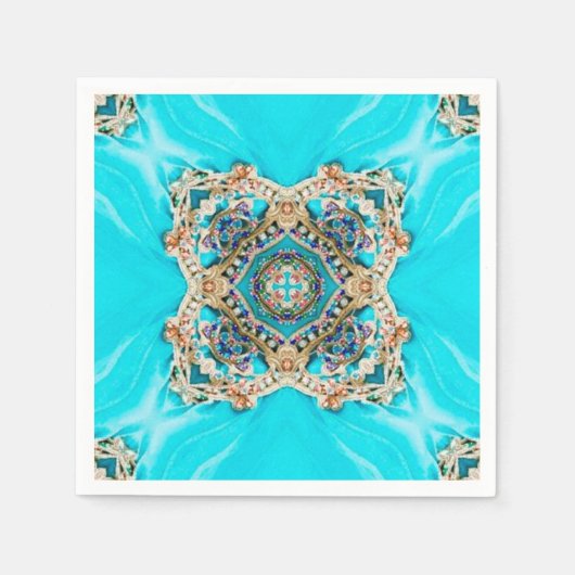 ヴィンテージティール(緑がかった色)ターコイズパターン結婚ボヘミア スタンダードカクテルナプキン (正面)