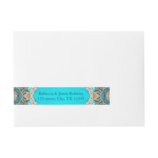 ヴィンテージティール(緑がかった色)ターコイズパターン結婚ボヘミア ラップアラウンド宛名ラベル (正面)