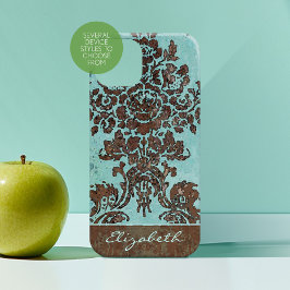 ヴィンテージティール（緑がかった色）ダマスク模様（モノグラム） iPhone 15 MINIケース