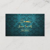 ヴィンテージティール(緑がかった色)ダマスク金ゴールドシザー美容師 名刺 (正面)