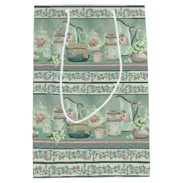 ヴィンテージティール（緑がかった色）ティー&バラ抱き枕 ミディアムペーパーバッグ