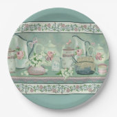 ヴィンテージティール（緑がかった色）ティー&バラ紙プレート ペーパープレート (正面)
