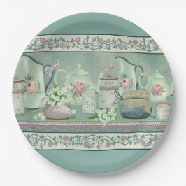 ヴィンテージティール（緑がかった色）ティー&バラ紙プレート ペーパープレート