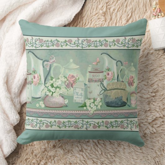 ヴィンテージティール(緑がかった色)ティー&バラ装飾用クッション クッション (ブランケット)
