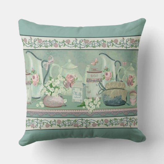 ヴィンテージティール(緑がかった色)ティー&バラ装飾用クッション クッション (裏面)