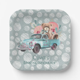 ヴィンテージティール（緑がかった色）トラックテディベア赤ちゃんシャワー ペーパープレート