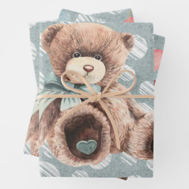 ヴィンテージティール（緑がかった色）トラックテディベア赤ちゃんシャワー ラッピングペーパーシート