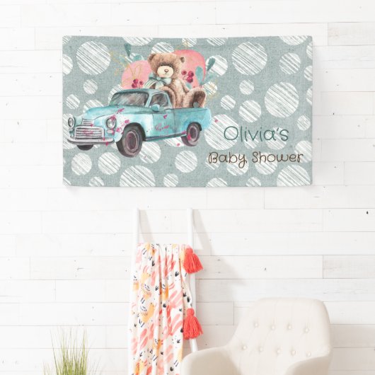 ヴィンテージティール(緑がかった色)トラックテディベア赤ちゃんシャワー 横断幕 (インサイチュ)