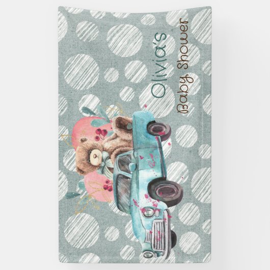 ヴィンテージティール（緑がかった色）トラックテディベア赤ちゃんシャワー 横断幕 (縦)