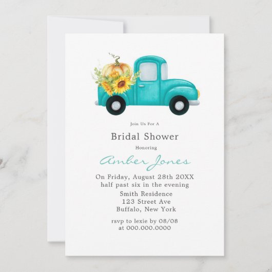 ヴィンテージティール(緑がかった色)トラックパンプキンブライダルシャワー招待状 招待状 (正面)