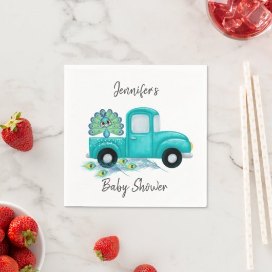 ヴィンテージティール(緑がかった色)トラックピーコックベビーシャワー スタンダードカクテルナプキン (インサイチュ)