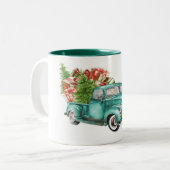 ヴィンテージティール（緑がかった色）トラックプレゼントクリスマスツリー ツートーンマグカップ (正面左)