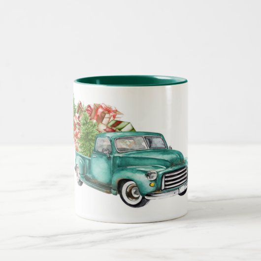 ヴィンテージティール（緑がかった色）トラックプレゼントクリスマスツリー ツートーンマグカップ (中央)