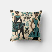 ヴィンテージティール(緑がかった色)ドレスファッションイラストレーション クッション (正面)