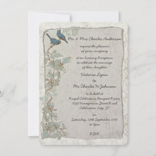 ヴィンテージティール（緑がかった色）バーズダマスク夕べ披露宴 招待状 (正面)