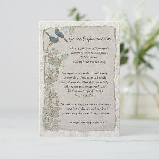 ヴィンテージティール（緑がかった色）バーズダマスク結婚式の情報カード エンクロージャーカード (スタンド正面)