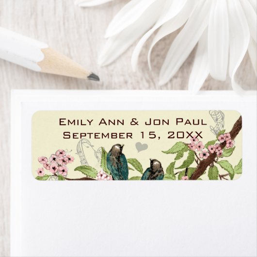 ヴィンテージティール（緑がかった色）バーズピンク開花枝ラベル ラベル (インサイチュ)