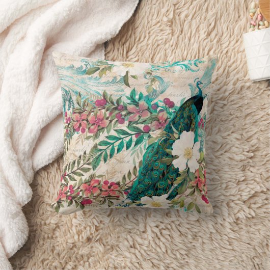 ヴィンテージティール(緑がかった色)ピーコックとピンクフローラ クッション (ブランケット)