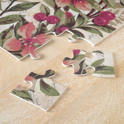 ヴィンテージティール（緑がかった色）ピーコックとピンクフローラ ジグソーパズル (側面)