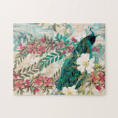 ヴィンテージティール（緑がかった色）ピーコックとピンクフローラ ジグソーパズル (横)