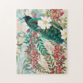 ヴィンテージティール(緑がかった色)ピーコックとピンクフローラ ジグソーパズル (縦)