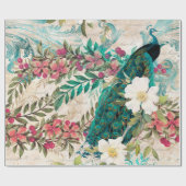 ヴィンテージティール（緑がかった色）ピーコックとピンクフローラ ラッピングペーパー (フラット)