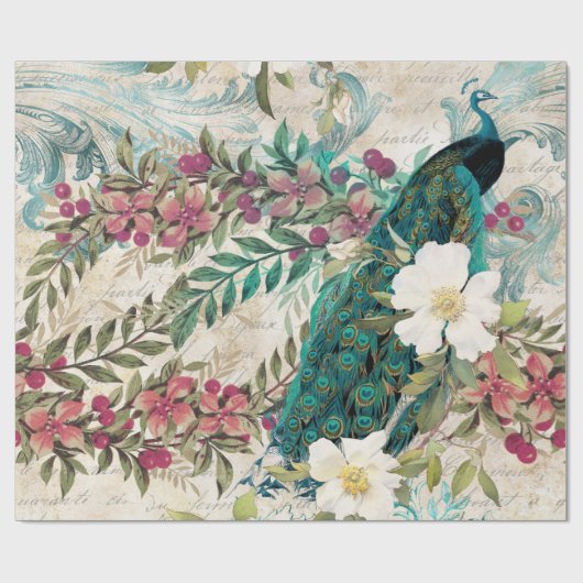 ヴィンテージティール(緑がかった色)ピーコックとピンクフローラ ラッピングペーパー (フラット)