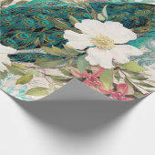 ヴィンテージティール（緑がかった色）ピーコックとピンクフローラ ラッピングペーパー (角)