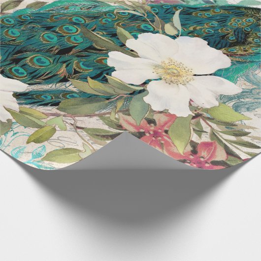ヴィンテージティール(緑がかった色)ピーコックとピンクフローラ ラッピングペーパー (角)