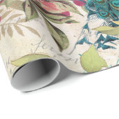 ヴィンテージティール（緑がかった色）ピーコックとピンクフローラ ラッピングペーパー (ロールコーナー)