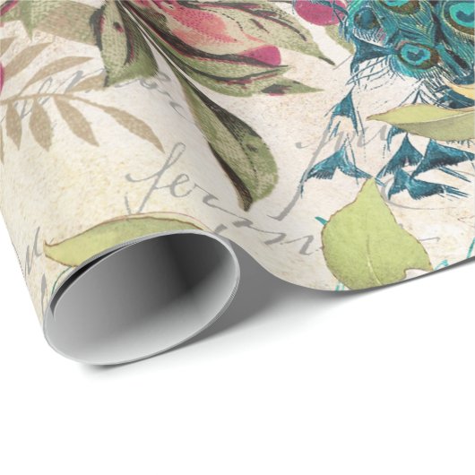 ヴィンテージティール(緑がかった色)ピーコックとピンクフローラ ラッピングペーパー (ロールコーナー)