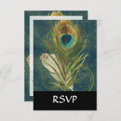 ヴィンテージティール(緑がかった色)ピーコックフェザー 出欠カード (正面/裏面)