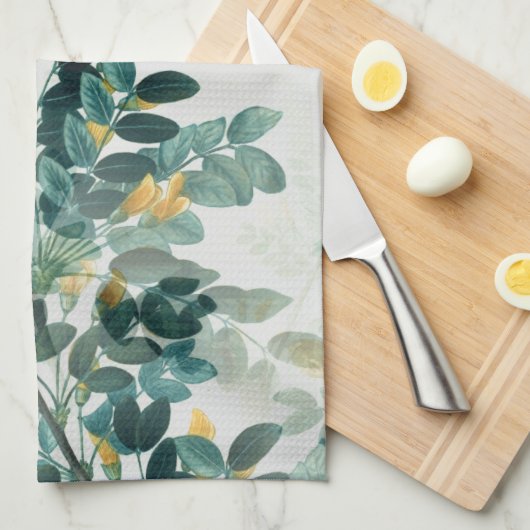 ヴィンテージティール(緑がかった色)フリー葉ジデザイン キッチンタオル (四つ折り)