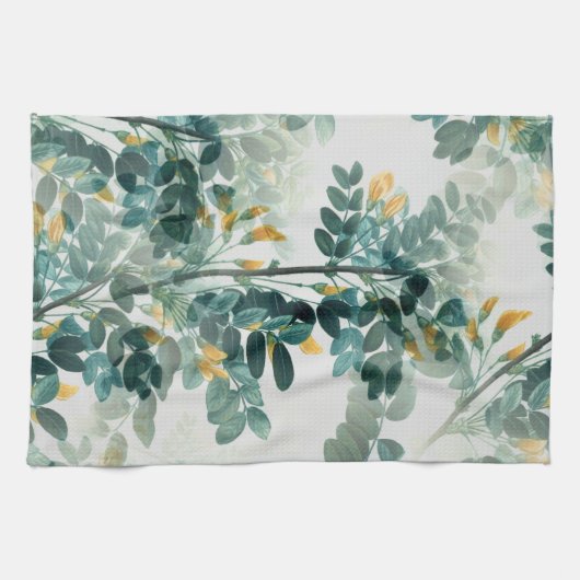 ヴィンテージティール(緑がかった色)フリー葉ジデザイン キッチンタオル (横)
