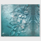 ヴィンテージティール(緑がかった色)フローラモチーフ模様グリッタースパークル ラッピングペーパー (フラット)