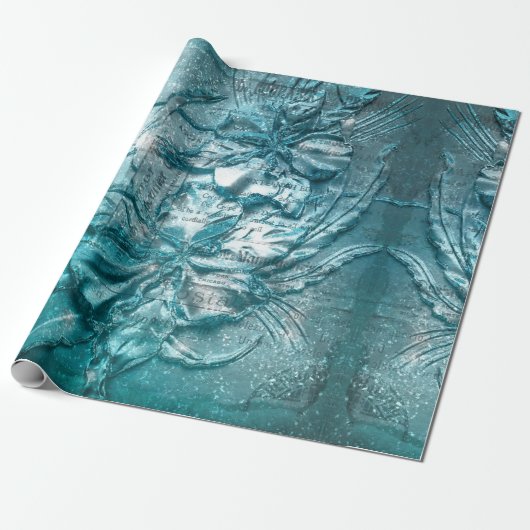 ヴィンテージティール(緑がかった色)フローラモチーフ模様グリッタースパークル ラッピングペーパー (アンロールド)