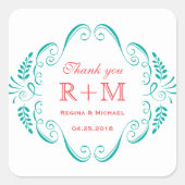 ヴィンテージティール（緑がかった色）フローラ旋回結婚式の引き出物シール スクエアシール (正面)