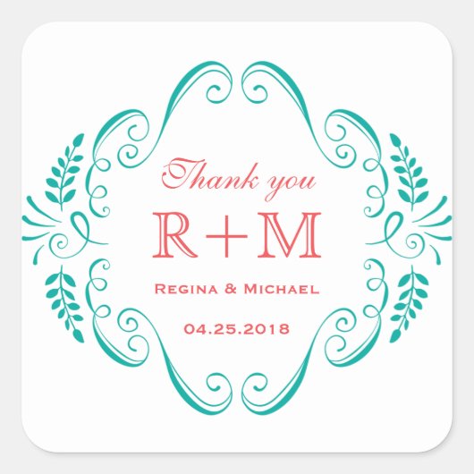 ヴィンテージティール（緑がかった色）フローラ旋回結婚式の引き出物シール スクエアシール (正面)